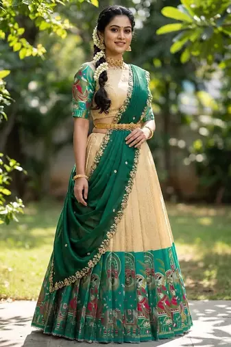 South Indian Style Half Saree with Blouse and Dupatta