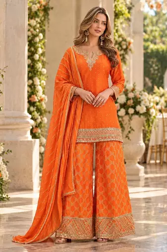 Orange viscose readymade suit with embroidery work