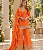 Orange viscose readymade suit with embroidery work