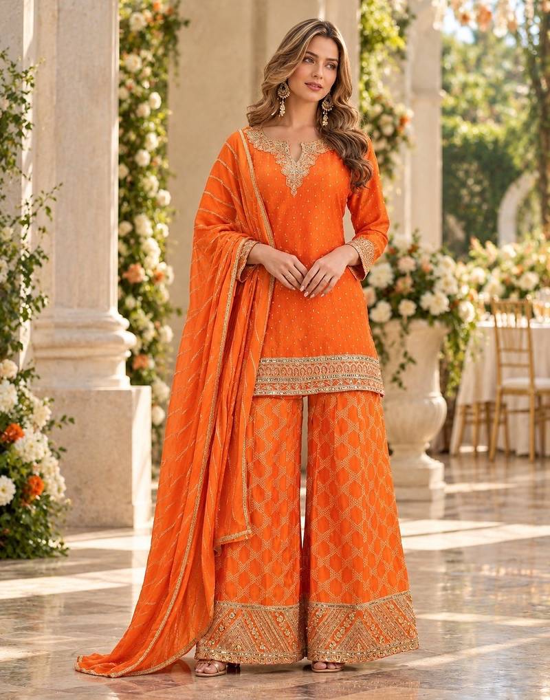 Orange viscose readymade suit with embroidery work