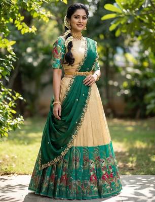 South Indian Style Half Saree with Blouse and Dupatta 4