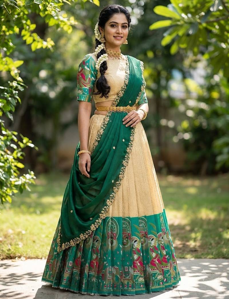 South Indian Style Half Saree with Blouse and Dupatta