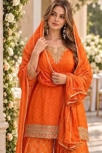 Orange viscose readymade suit with embroidery work