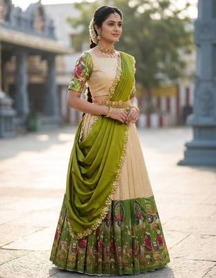 South Indian Style Half Saree with Blouse and Dupatta 1