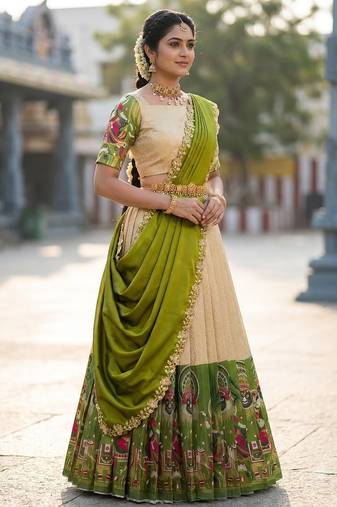 South Indian Style Half Saree with Blouse and Dupatta