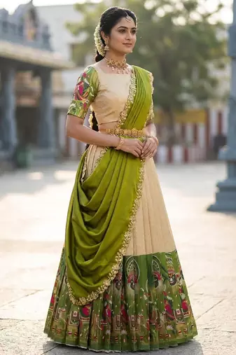 South Indian Style Half Saree with Blouse and Dupatta
