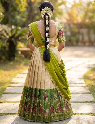 South Indian Style Half Saree with Blouse and Dupatta 2