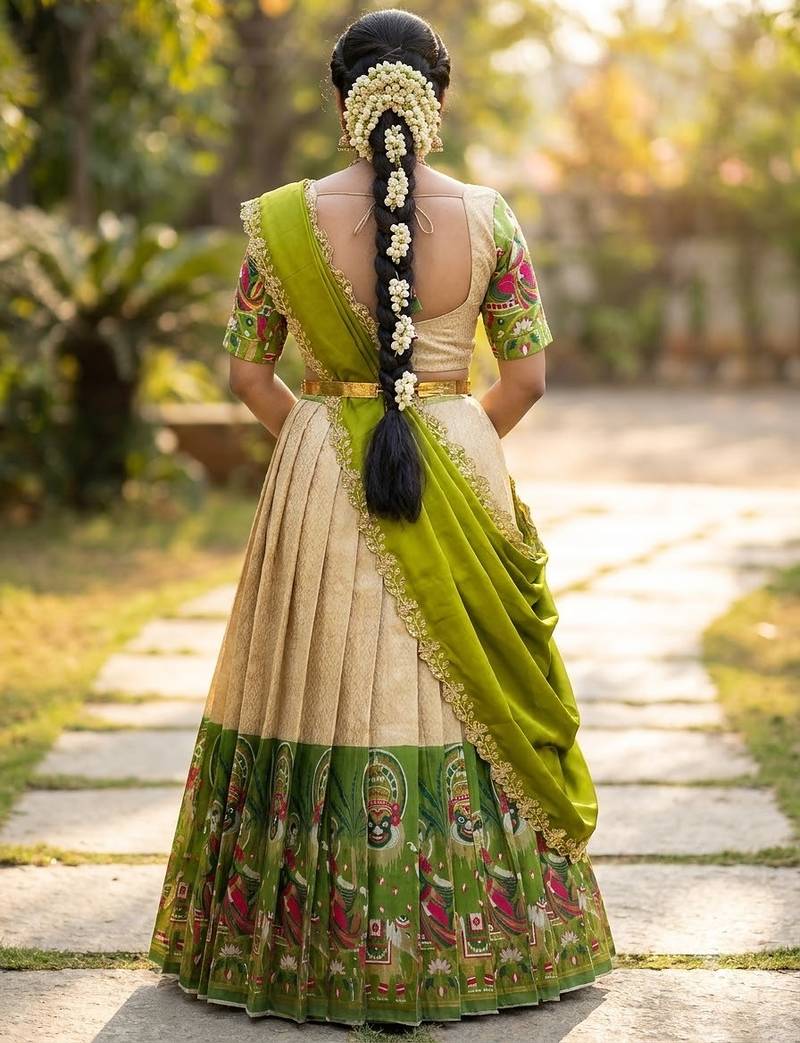 South Indian Style Half Saree with Blouse and Dupatta
