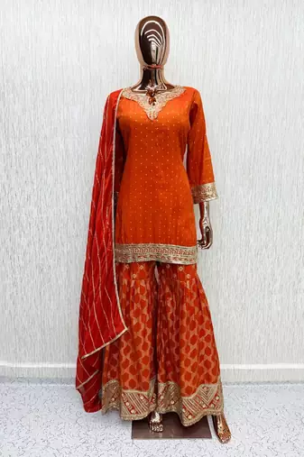 Orange viscose readymade suit with embroidery work