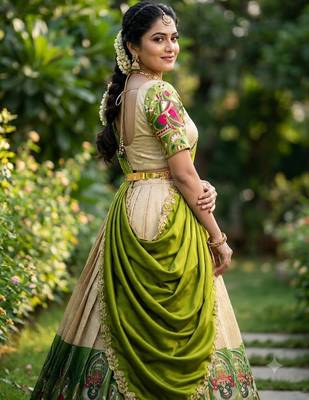 South Indian Style Half Saree with Blouse and Dupatta 3