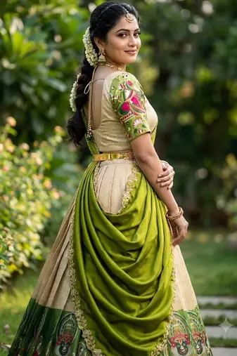 South Indian Style Half Saree with Blouse and Dupatta