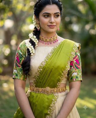 South Indian Style Half Saree with Blouse and Dupatta 4