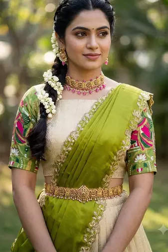South Indian Style Half Saree with Blouse and Dupatta