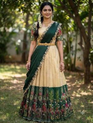South Indian Style Half Saree with Blouse and Dupatta 1