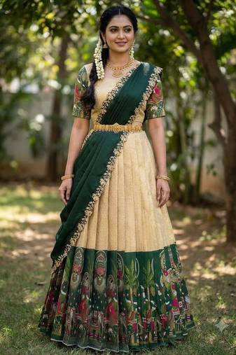 South Indian Style Half Saree with Blouse and Dupatta