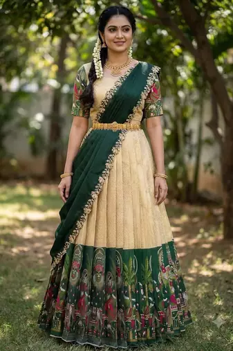 South Indian Style Half Saree with Blouse and Dupatta