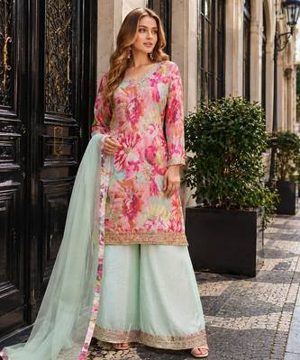 Sky chinon readymade suit with embroidery work 1
