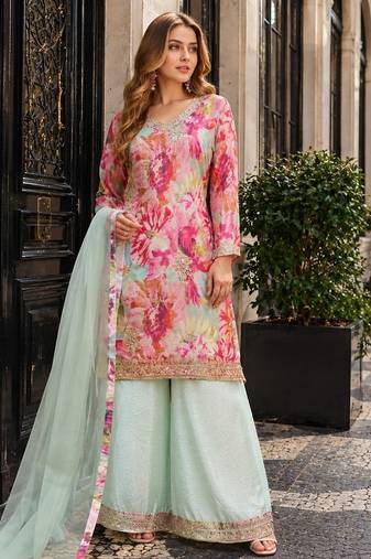 Sky chinon readymade suit with embroidery work