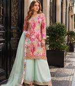 Sky chinon readymade suit with embroidery work