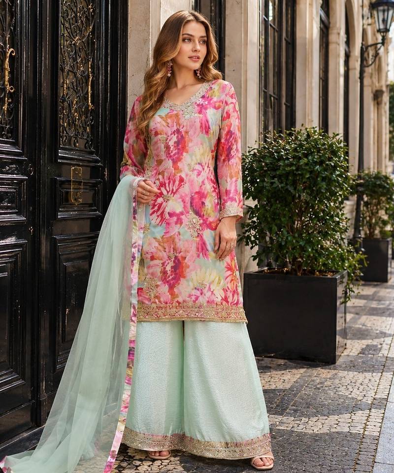 Sky chinon readymade suit with embroidery work