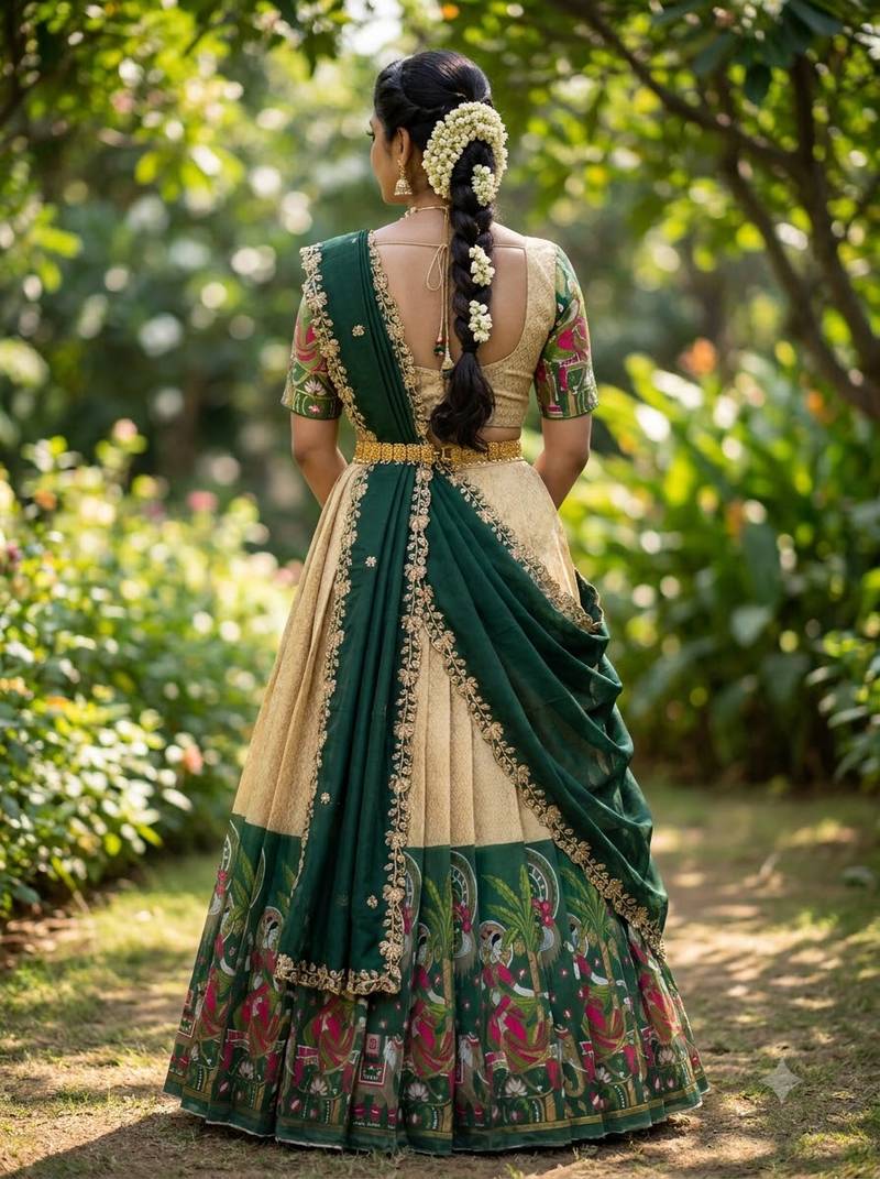 South Indian Style Half Saree with Blouse and Dupatta