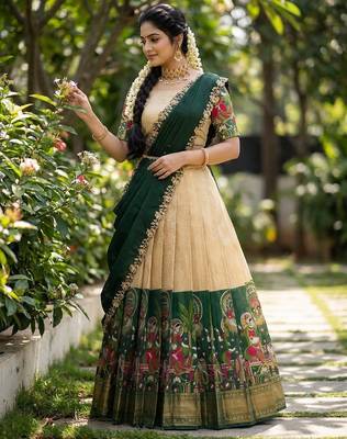 South Indian Style Half Saree with Blouse and Dupatta 3