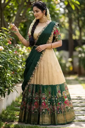 South Indian Style Half Saree with Blouse and Dupatta