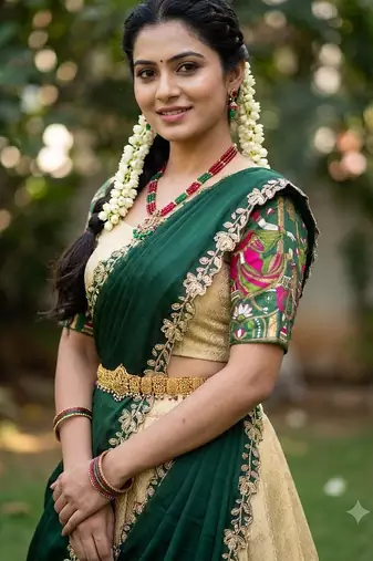 South Indian Style Half Saree with Blouse and Dupatta