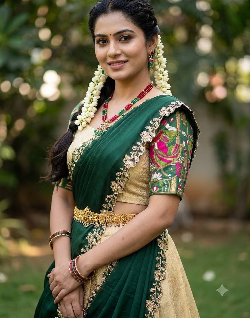 South Indian Style Half Saree with Blouse and Dupatta