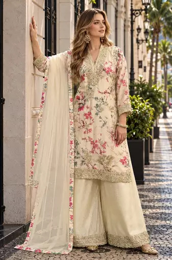 Beige chinon readymade suit with embroidery work