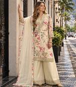 Beige chinon readymade suit with embroidery work