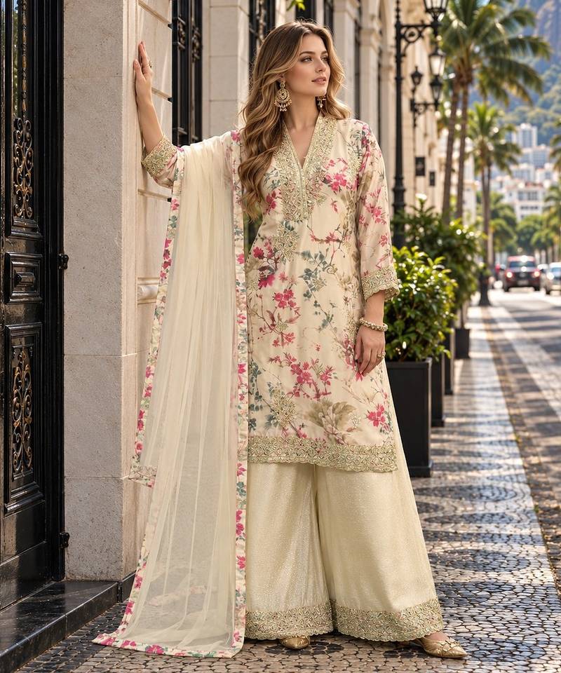 Beige chinon readymade suit with embroidery work