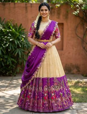 South Indian Style Half Saree with Blouse and Dupatta 1