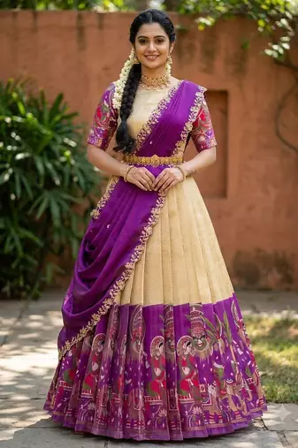 South Indian Style Half Saree with Blouse and Dupatta