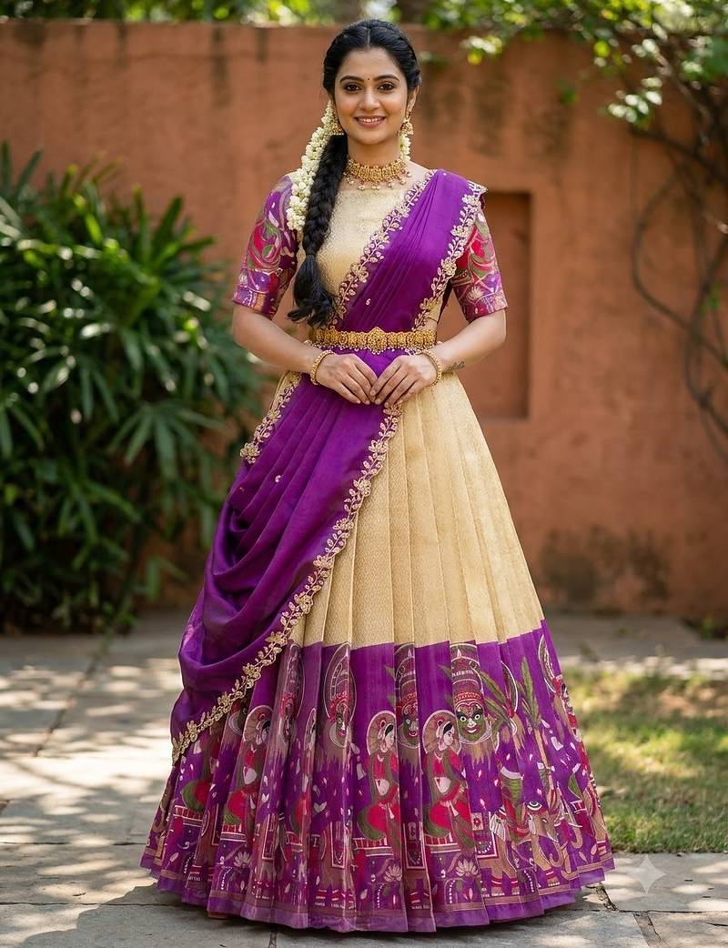 South Indian Style Half Saree with Blouse and Dupatta