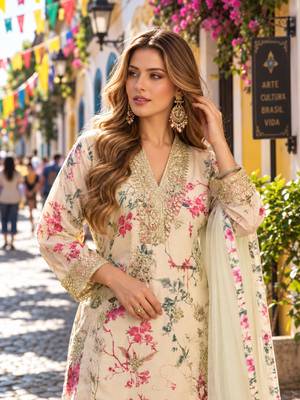 Beige chinon readymade suit with embroidery work 2