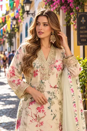 Beige chinon readymade suit with embroidery work