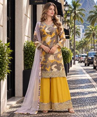 Yellow chinon readymade suit with embroidery work 1