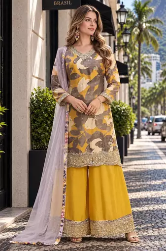 Yellow chinon readymade suit with embroidery work