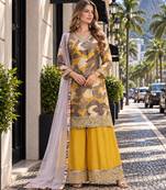 Yellow chinon readymade suit with embroidery work