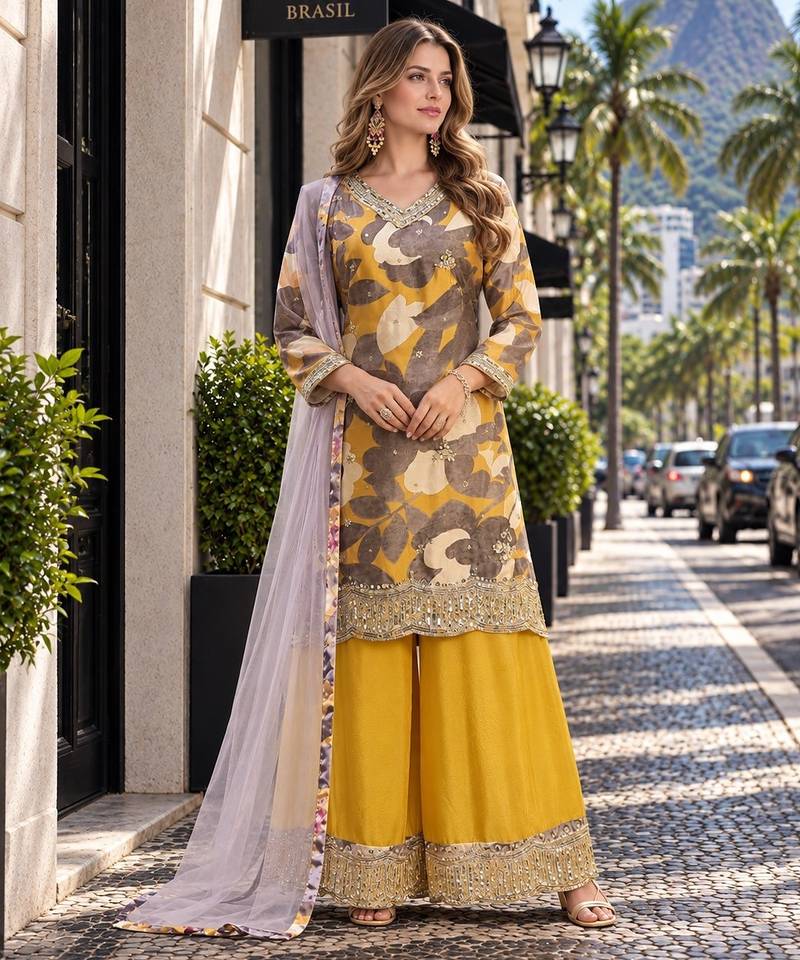 Yellow chinon readymade suit with embroidery work