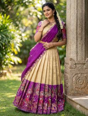 South Indian Style Half Saree with Blouse and Dupatta 3