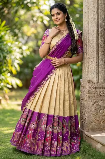 South Indian Style Half Saree with Blouse and Dupatta