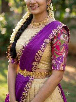 South Indian Style Half Saree with Blouse and Dupatta 4
