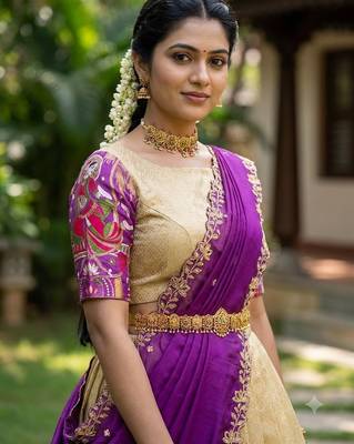 South Indian Style Half Saree with Blouse and Dupatta 5