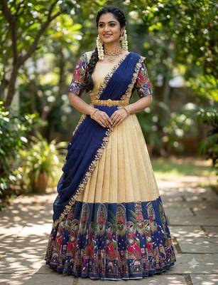 South Indian Style Half Saree with Blouse and Dupatta 1
