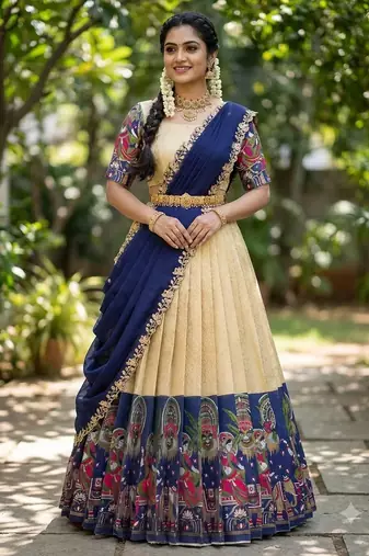 South Indian Style Half Saree with Blouse and Dupatta