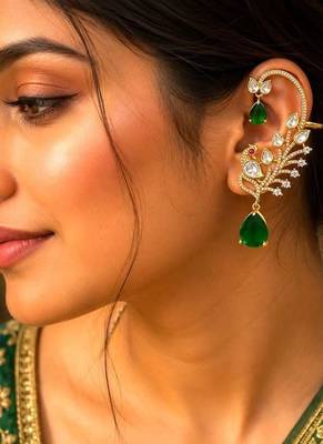 Gold Peacock Ear Cuff Earrings, Emerald Green Kundan Ear Climber,Bridal Statement Earrings 1