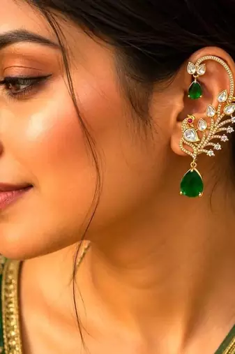 Gold Peacock Ear Cuff Earrings, Emerald Green Kundan Ear Climber,Bridal Statement Earrings