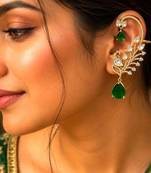 Gold Peacock Ear Cuff Earrings, Emerald Green Kundan Ear Climber,Bridal Statement Earrings